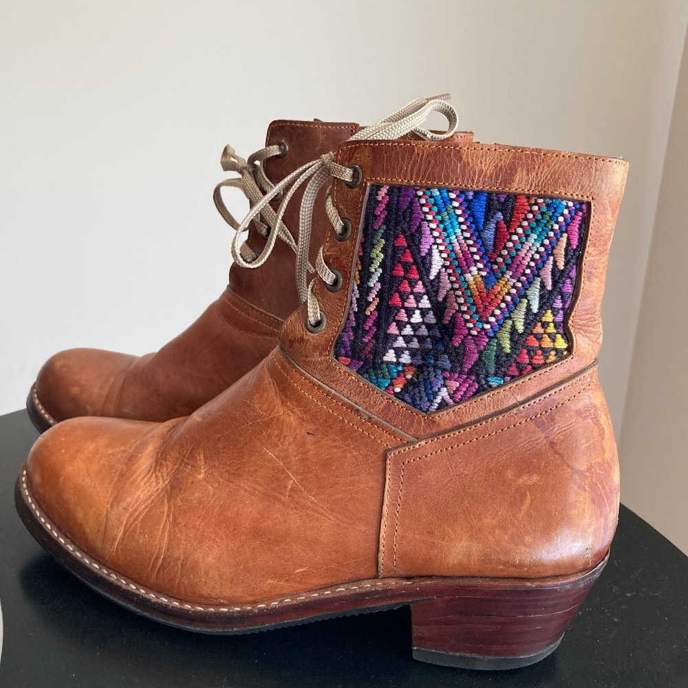 Polished Leather and Handwoven textile Ankle Boot